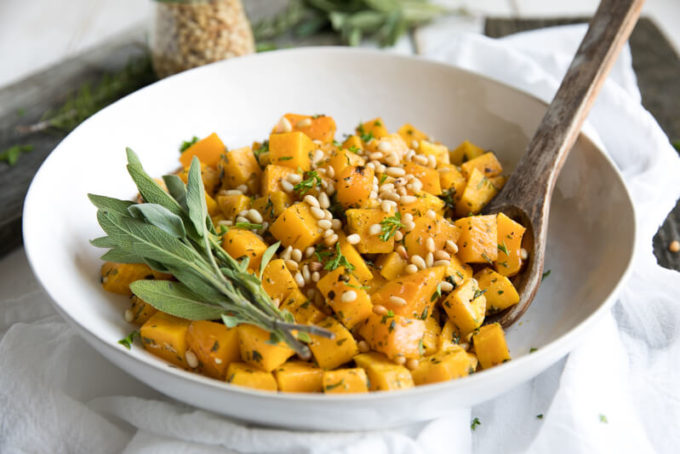 5 Ingredient Oven Roasted Garlic and Herb Butternut Squash with Pine Nuts