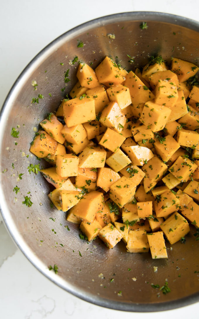 5 Ingredient Oven Roasted Garlic and Herb Butternut Squash with Pine Nuts