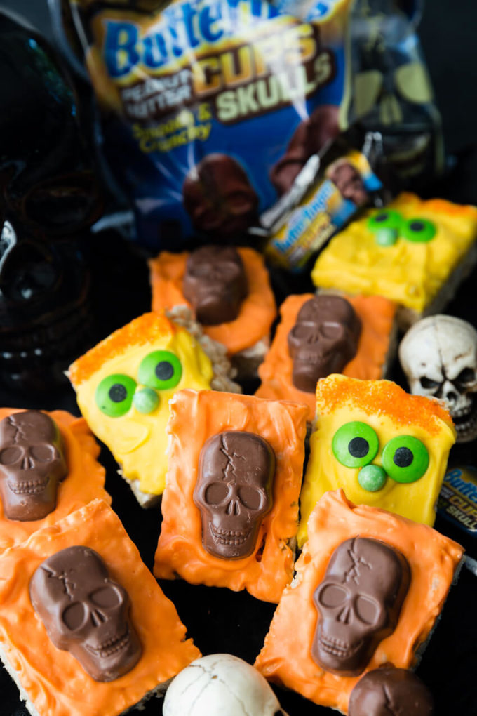 Monsters and treats with Halloween Rice Krispie Treats with Butterfinger Peanut Butter Skulls