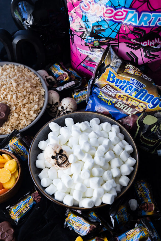 Halloween Rice Krispie Treats with Butterfinger Peanut Butter Skulls