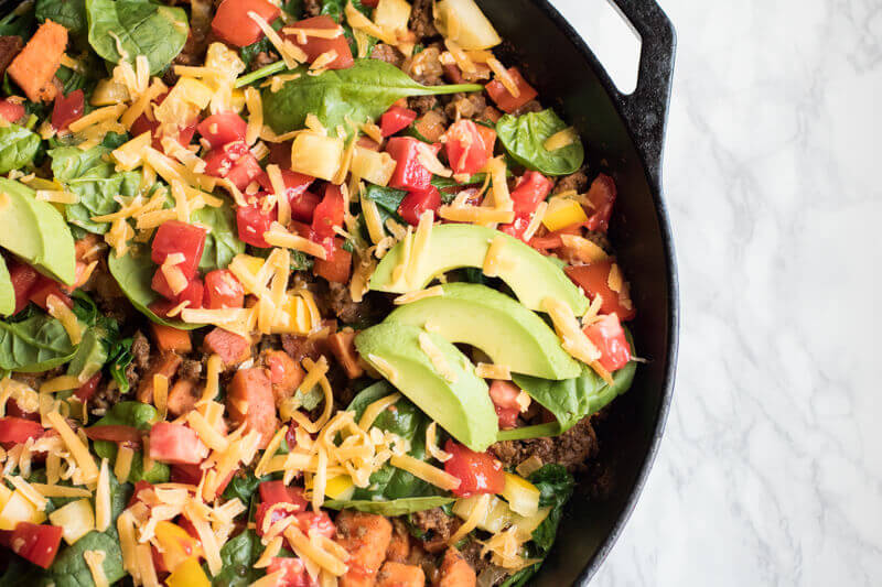 Southwestern sweet potato and ground beef skillet is loaded with fresh veggies and topped with cheese and avocado. A healthy, easy, and insanely delicious dinner that your whole family will love. Ready in 30 minutes!