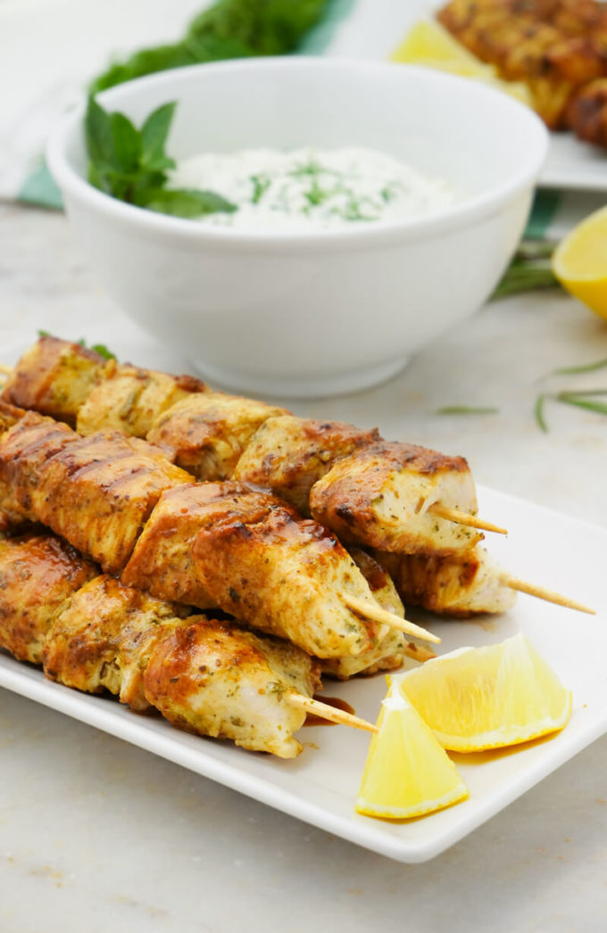 Delicious greek marinated chicken and a tzatziki dipping sauce