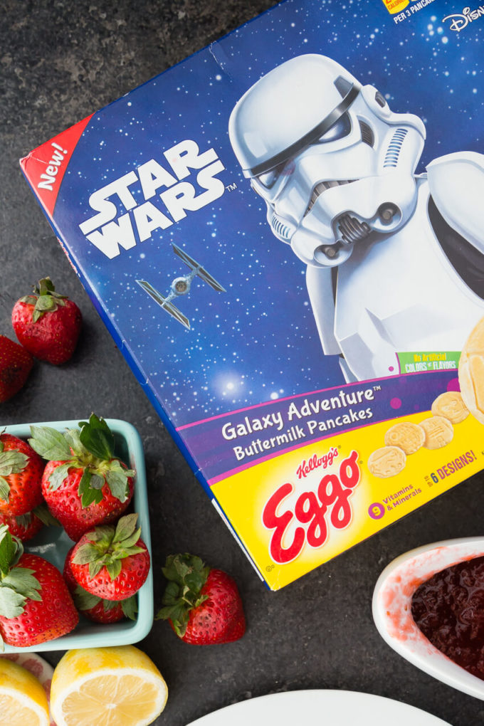 Star Wars pancakes made with natural ingredients and topped with easy strawberry syrup