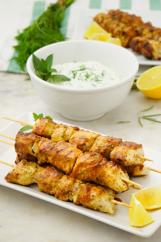 Delicious greek marinated chicken and a tzatziki dipping sauce