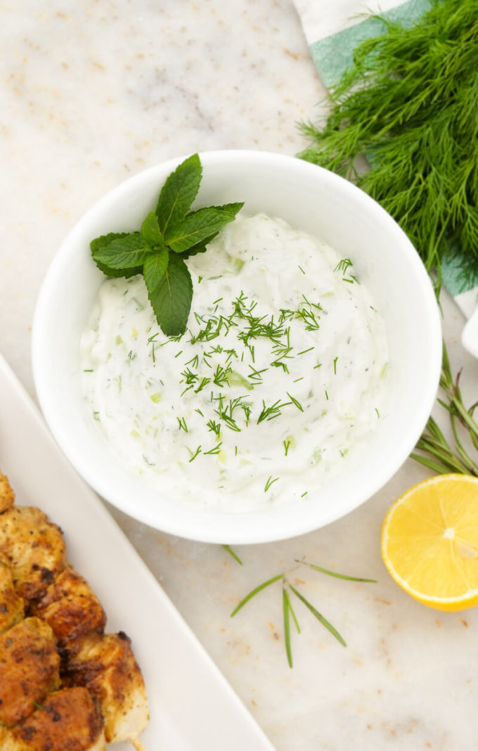 Delicious greek marinated chicken and a tzatziki dipping sauce