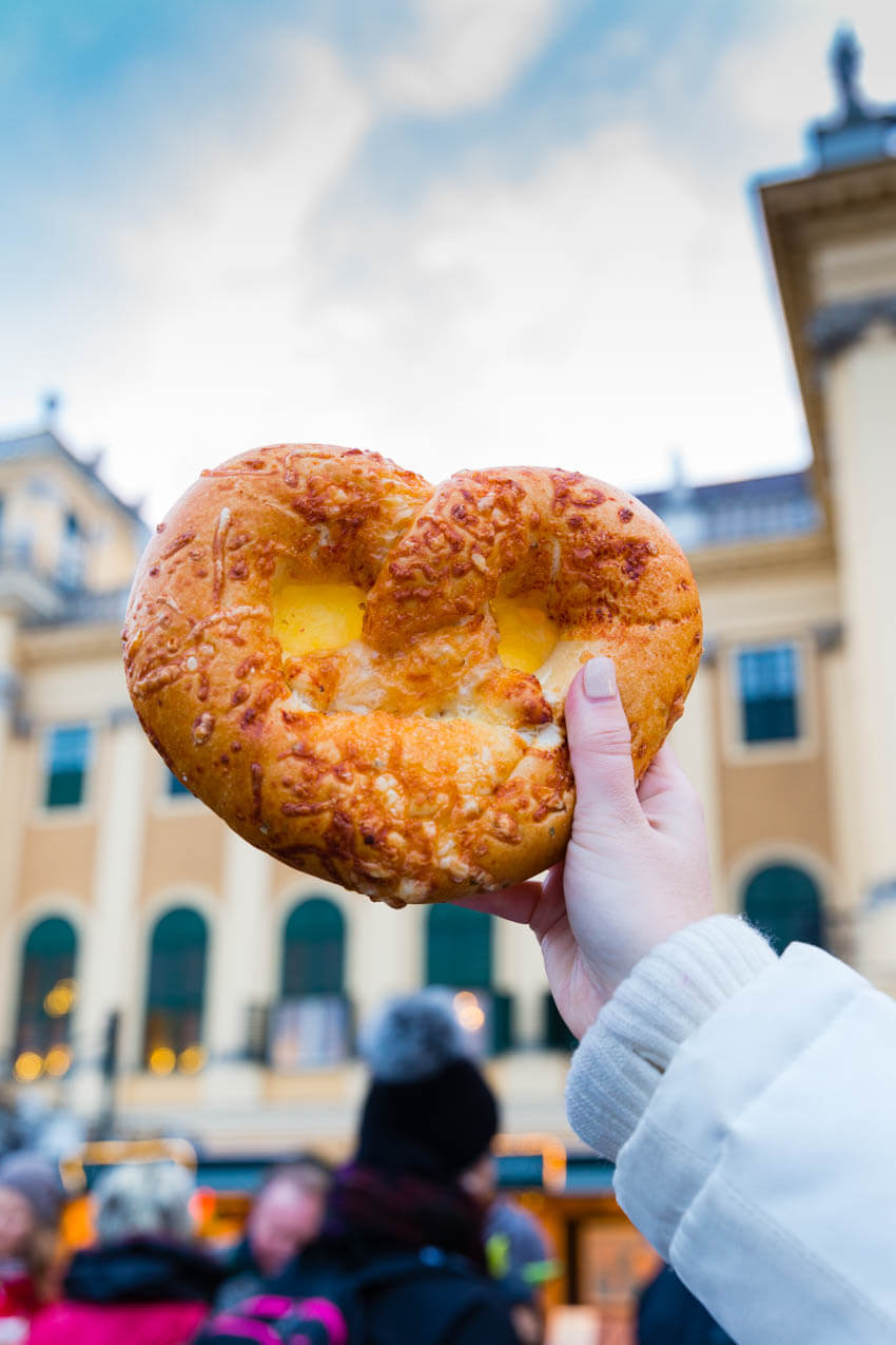 A pizza pretzel at the Vienna Christmas Market in Austria