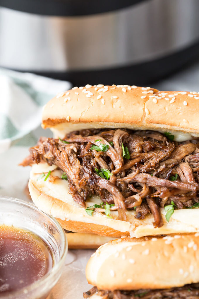 Instant Pot French Dip sandwiches. Cooked in a pressure cooker