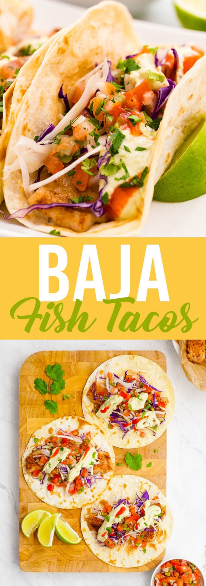 These lightened up Baja fish tacos boast huge flavors without the battering or deep frying. Delicious baked fish, pico, and avocado creme. 