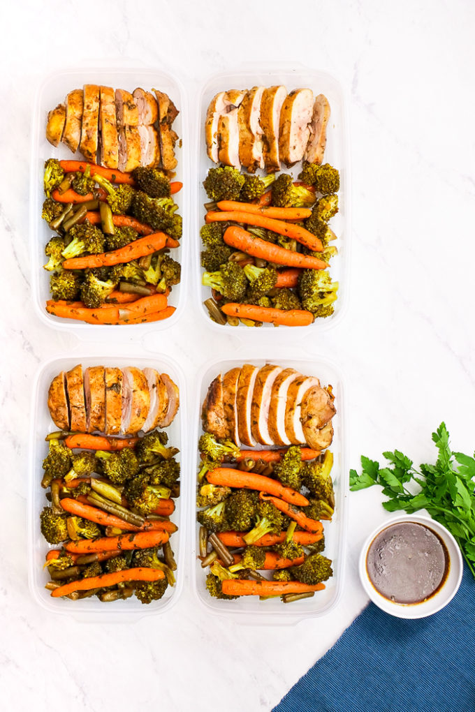 Chicken Meal Prep: Balsamic Chicken and veggies, cooked on a sheet pan
