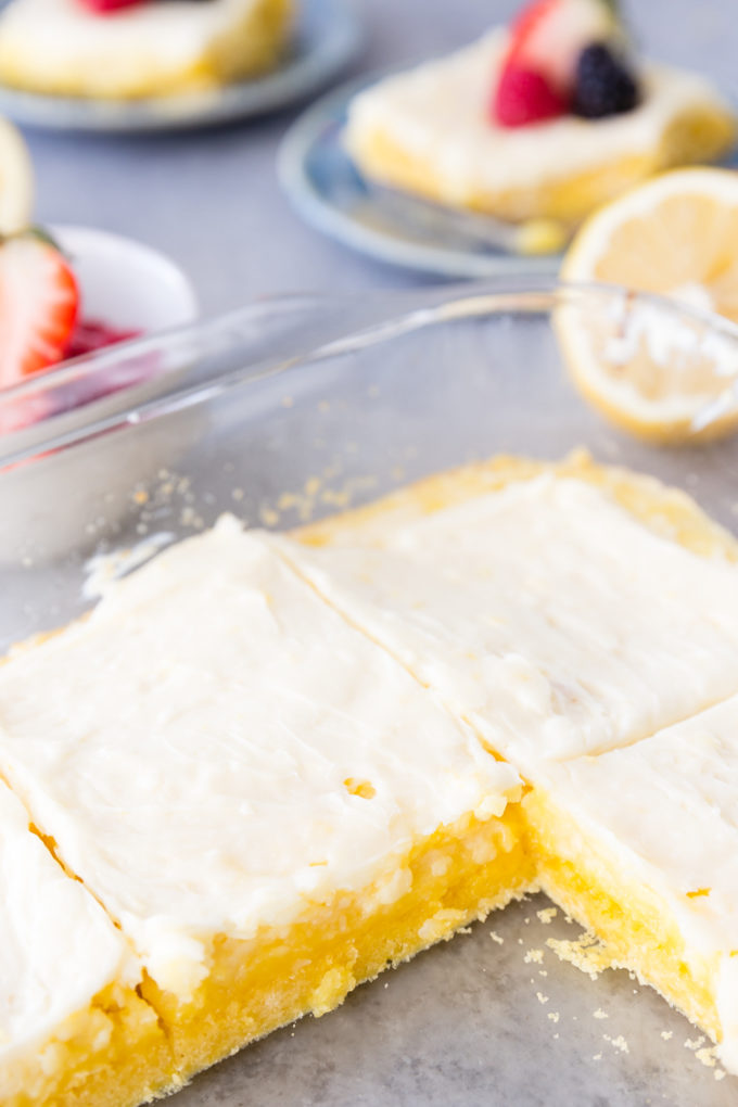 A pan of lemon cheesecake bars