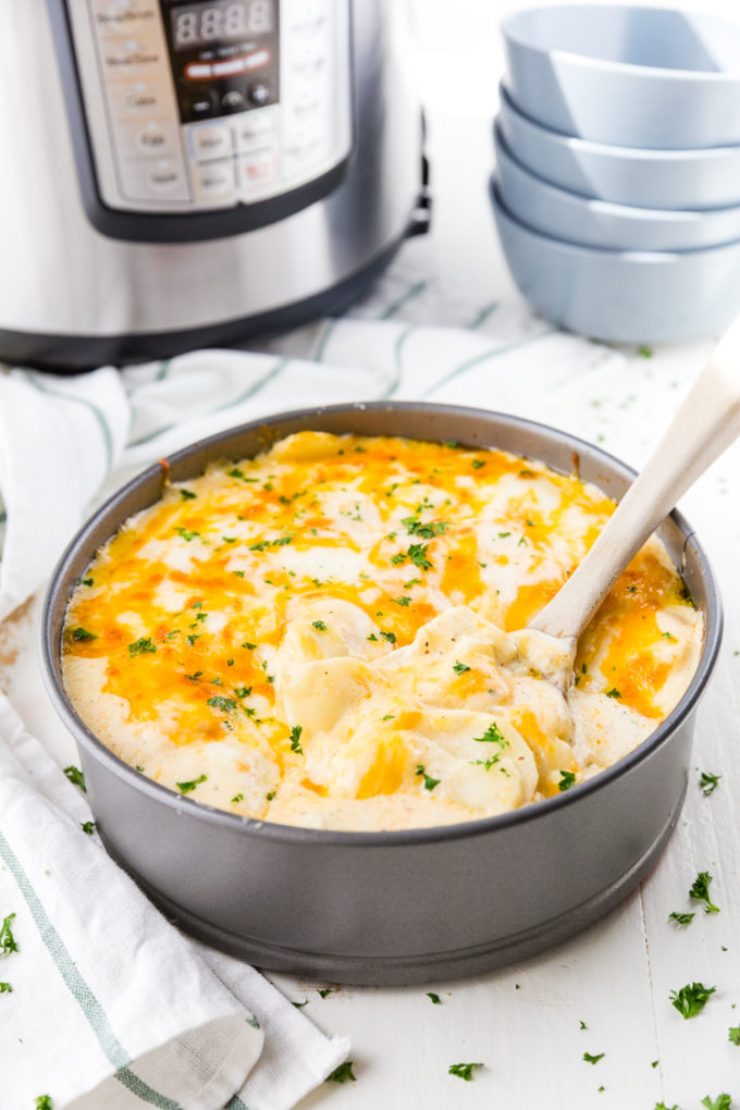 Au Gratin Potatoes cooked in the Instant Pot pressure cooker