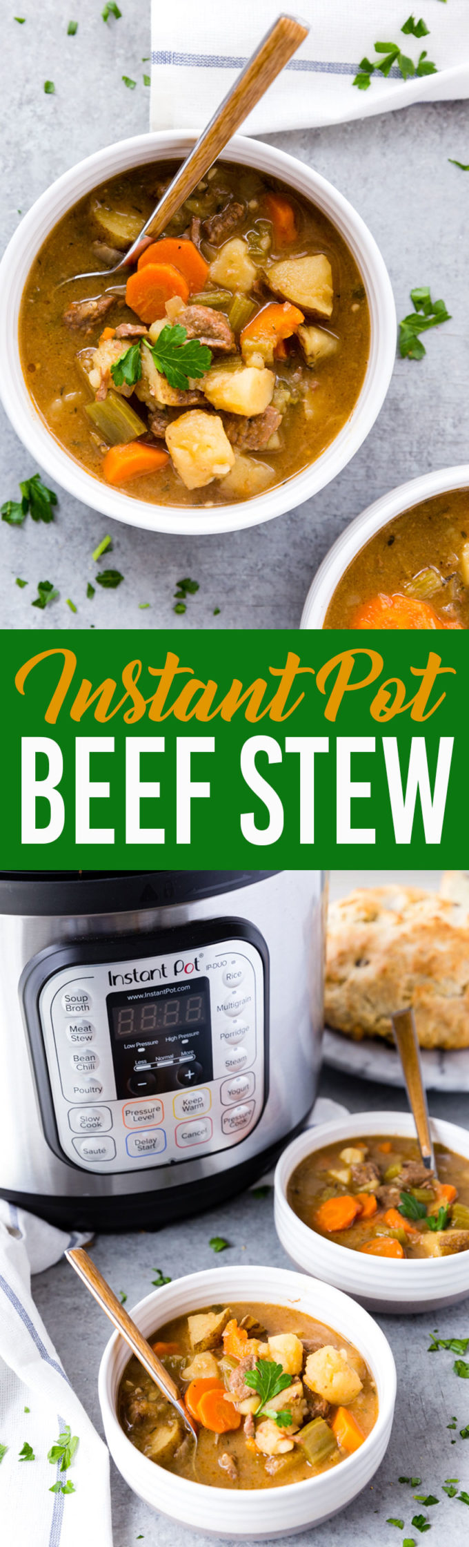 Instant Pot or Slow Cooker Beef Stew, instructions included for both. Abundant, thick and tender meat.