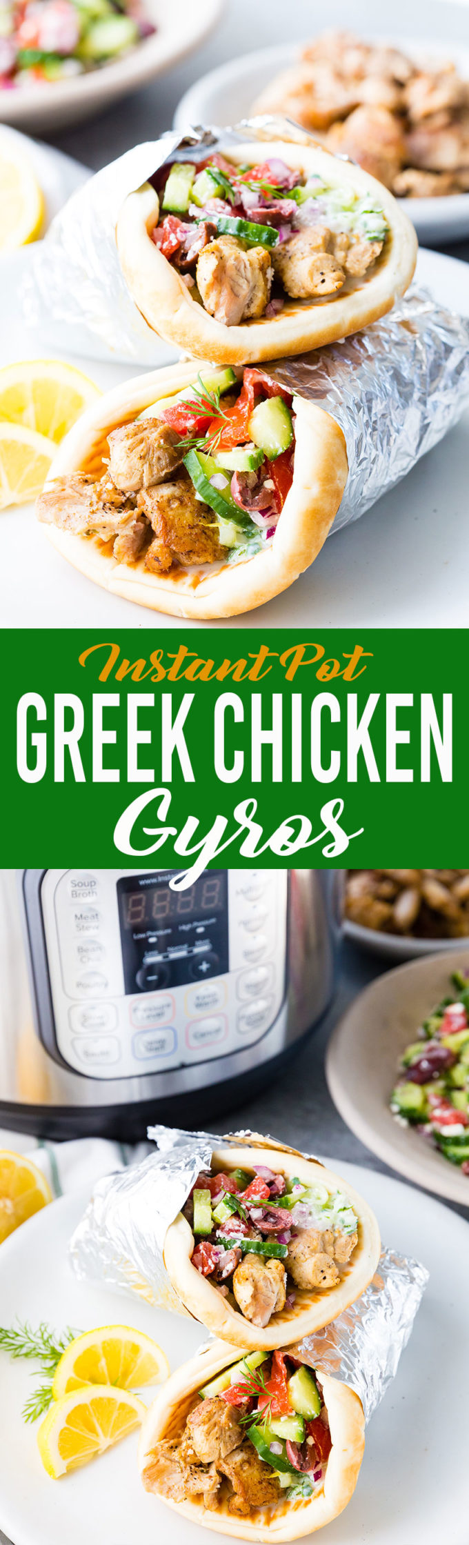 Greek Chicken Gyros cooked in the instant pot pressure cooker and topped with homemade tzatziki and greek salad