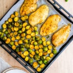 Sheet pan roasted brussels sprouts and chicken