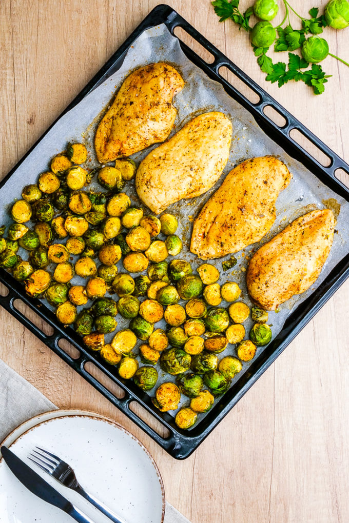 Sheet pan roasted brussels sprouts and chicken