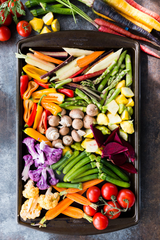 Roasting vegetables for a delicious crudite platter with sabra bean dip
