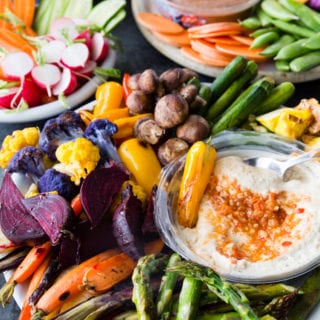 An amazing vegetable crudite platter with awesome Mediterranean bean dips from Sabra