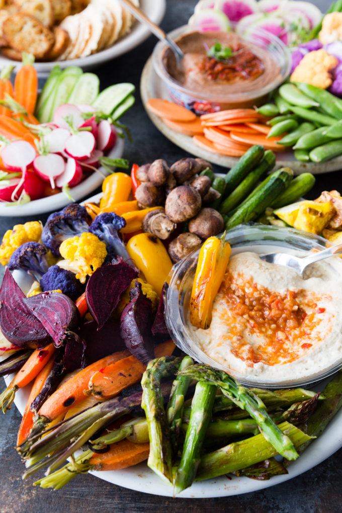 An amazing vegetable crudite platter with awesome Mediterranean bean dips from Sabra