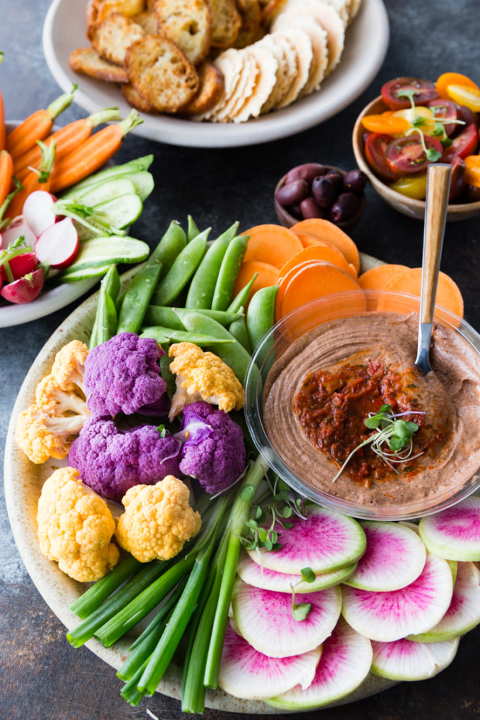 Delicious vegetable crudite with sabra bean dips