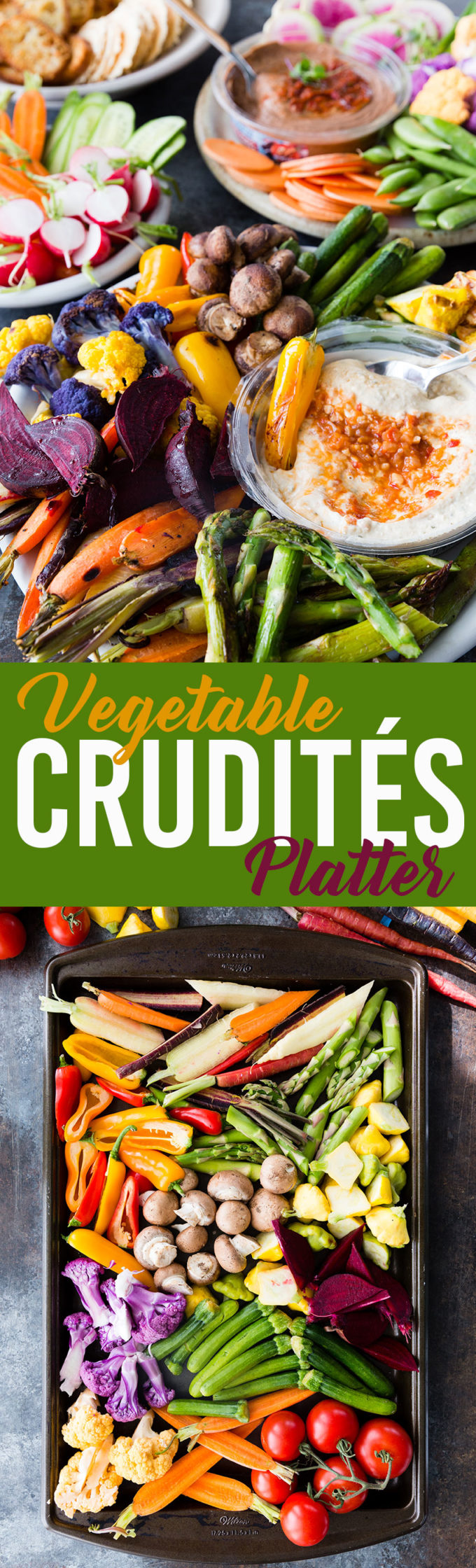 Vegetable Crudites Platter with raw and roasted vegetables and bean dip