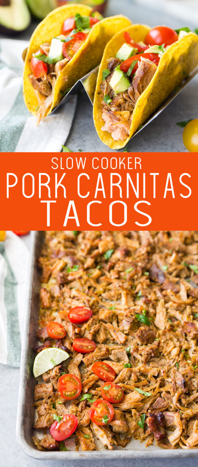 Delicious and easy to make slow cooker pork carnitas tacos. Perfectly seasoned carnitas layered in a hard shell to make tasty tacos. 