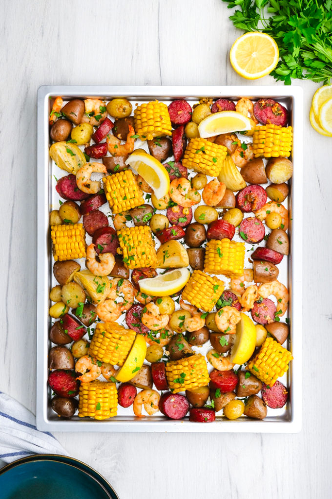 Oven baked shrimp boil, cooked on a sheet pan, low country boil