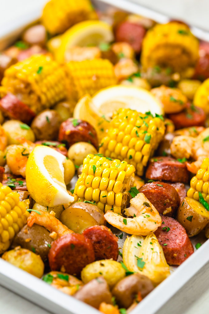 A sheet pan shrimp boil, your classic shrimp boil cooked in the oven. 