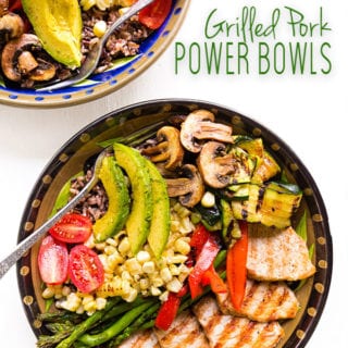 Mesquite grilled pork, cut into medallions and paired with grilled veggies and wild rice for a grilled pork power bowl