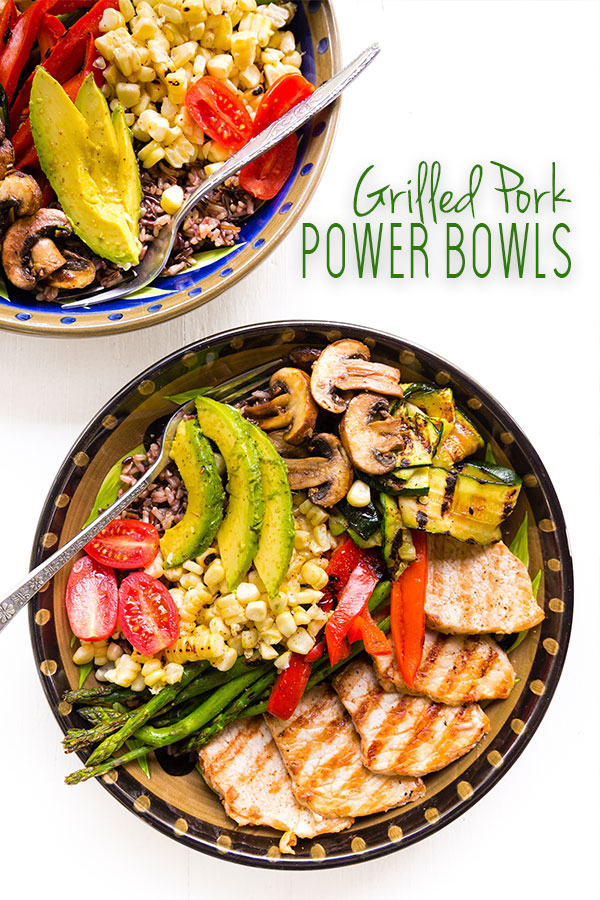 Mesquite grilled pork, cut into medallions and paired with grilled veggies and wild rice for a grilled pork power bowl