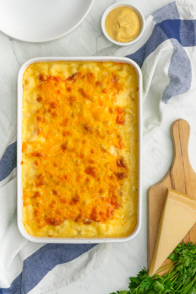 A large creamy Mac and cheese casserole
