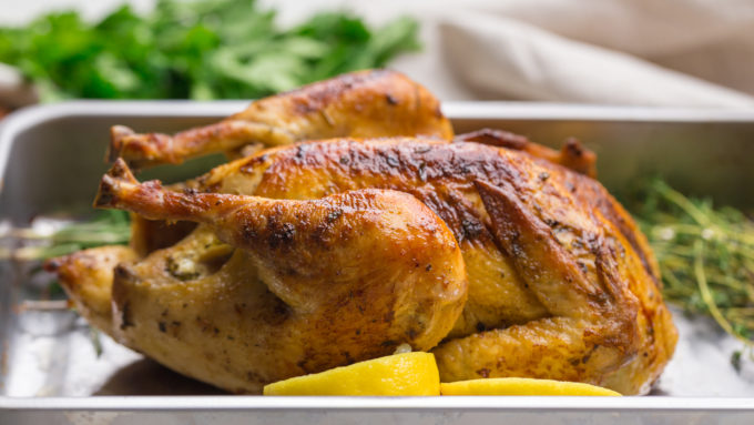 Crispy, golden skin oven roasted chicken