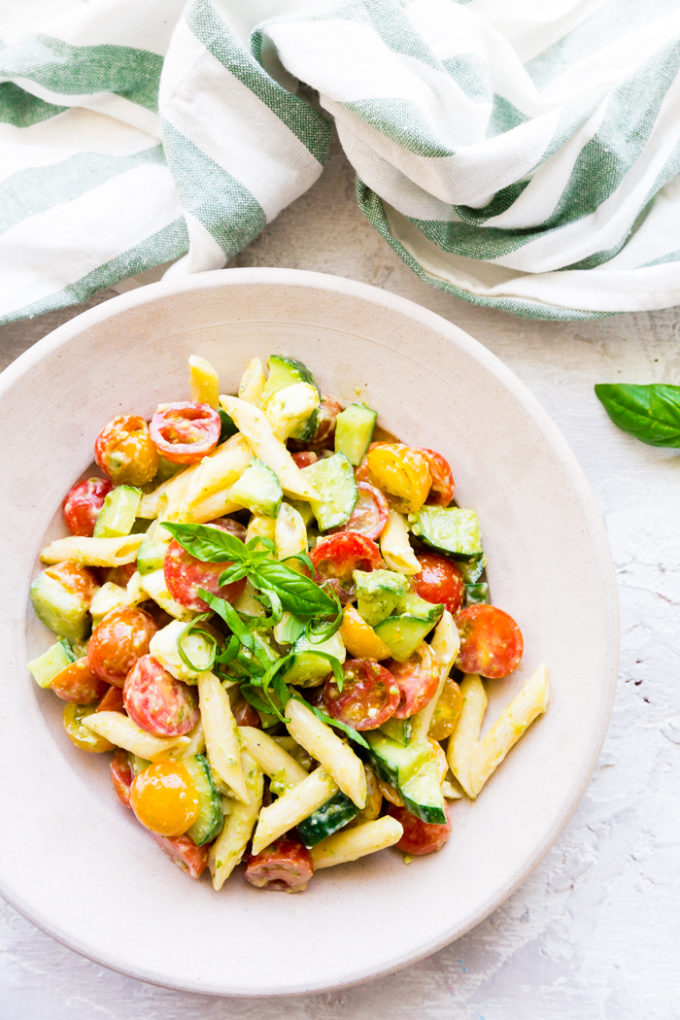 Cold Italian pasta salad recipe with creamy Alfredo and pesto sauce