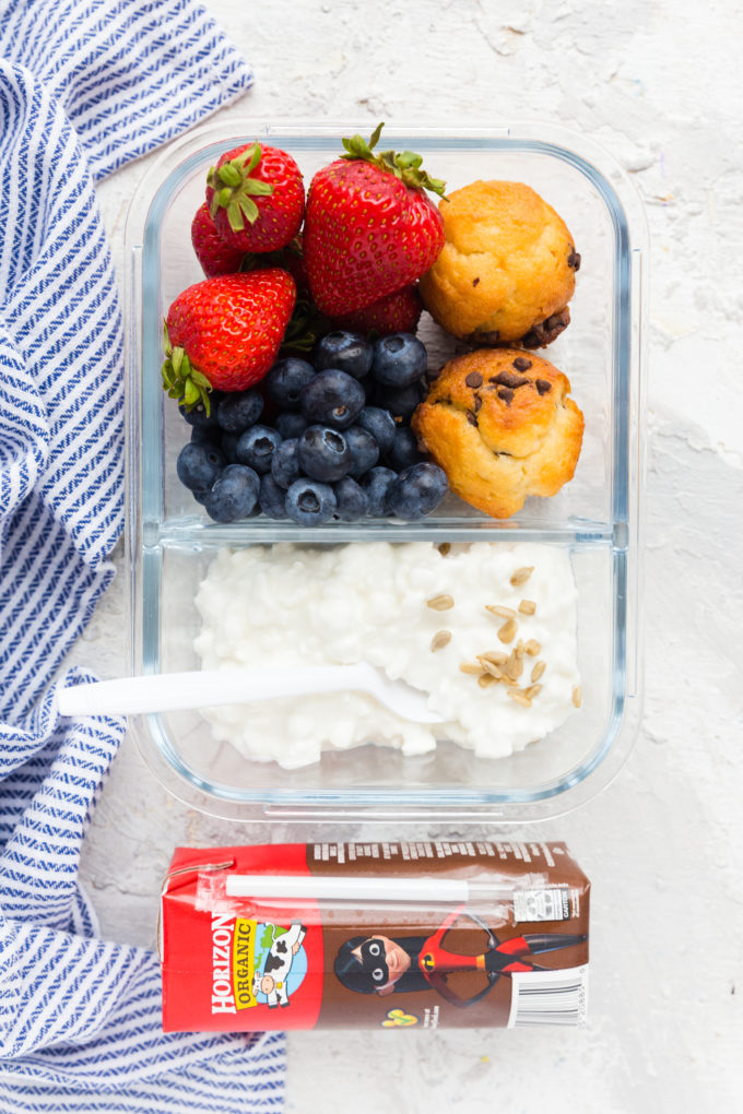 Horizon cottage cheese, fruit, muffins, and chocolate milk