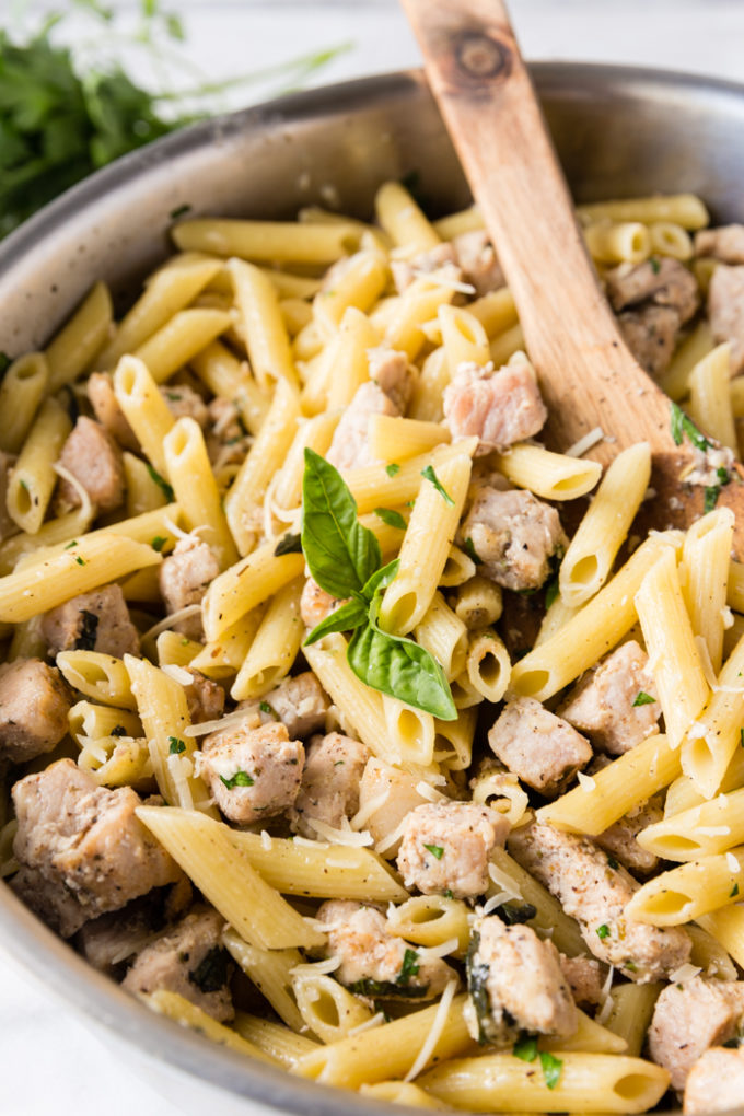 How to make a skillet full of penne pasta with pork