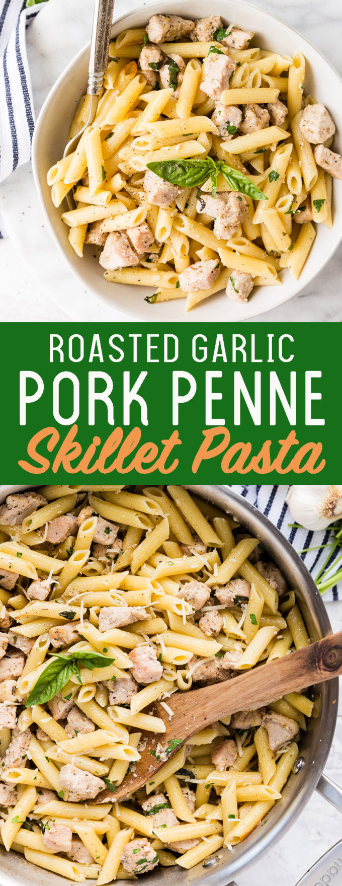 A quick and easy dinner, this Roasted Garlic and Herb Penne Pasta with Pork is a hit and can be made in under 30 minutes. 