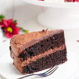 Amazing chocolate cake! A slice of chocolate cake on a white plate with a fork