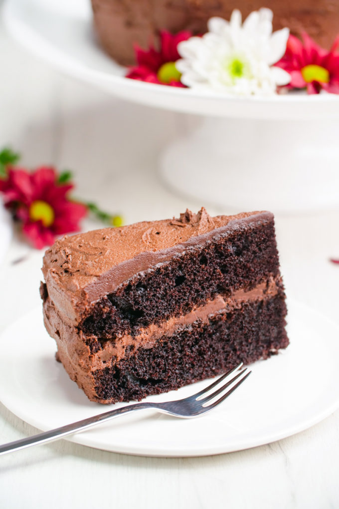 Amazing chocolate cake! A slice of chocolate cake on a white plate with a fork