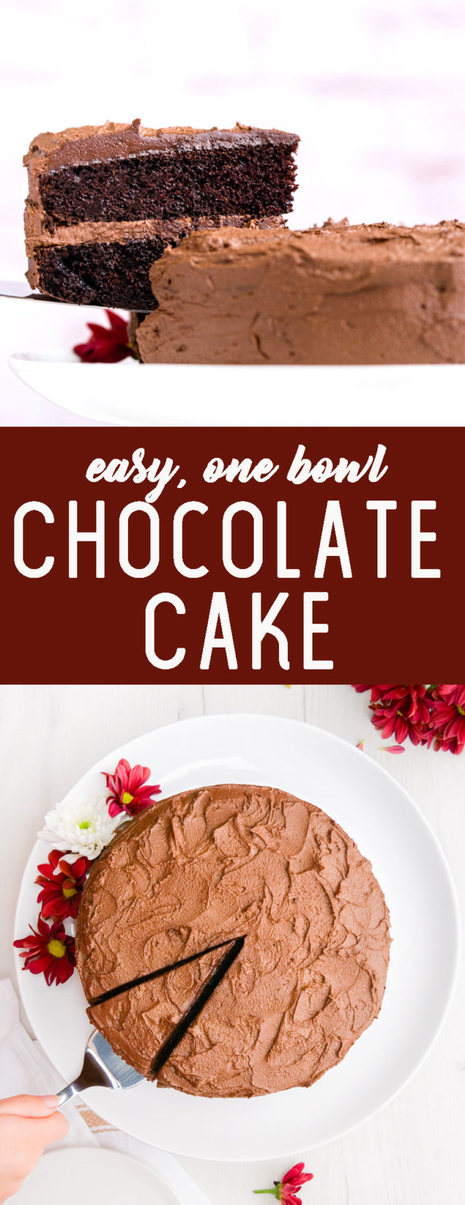 Easy, One Bowl Chocolate cake that is two layers of cake with a buttercream icing. This cake actually tastes like chocolate and is so moist and delicious. 