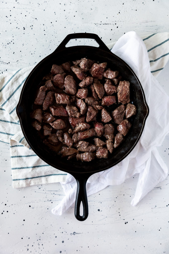 A skillet full of delicious beef tips