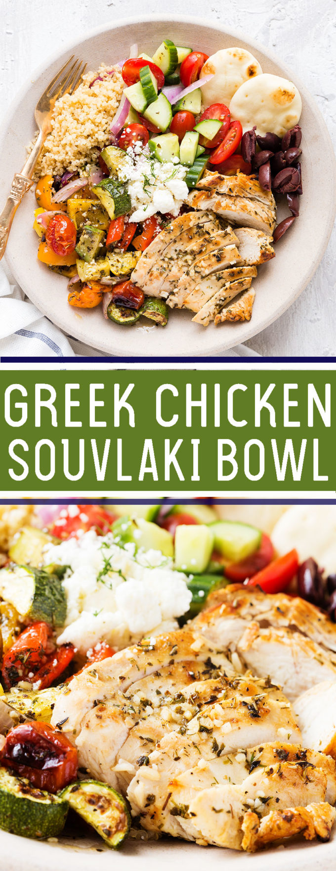 Greek Chicken Souvlaki Bowl: Grilled chicken and roasted vegetables served over quinoa with a fresh cucumber salad, Kalmata olives, and feta, garnished with fresh dill
