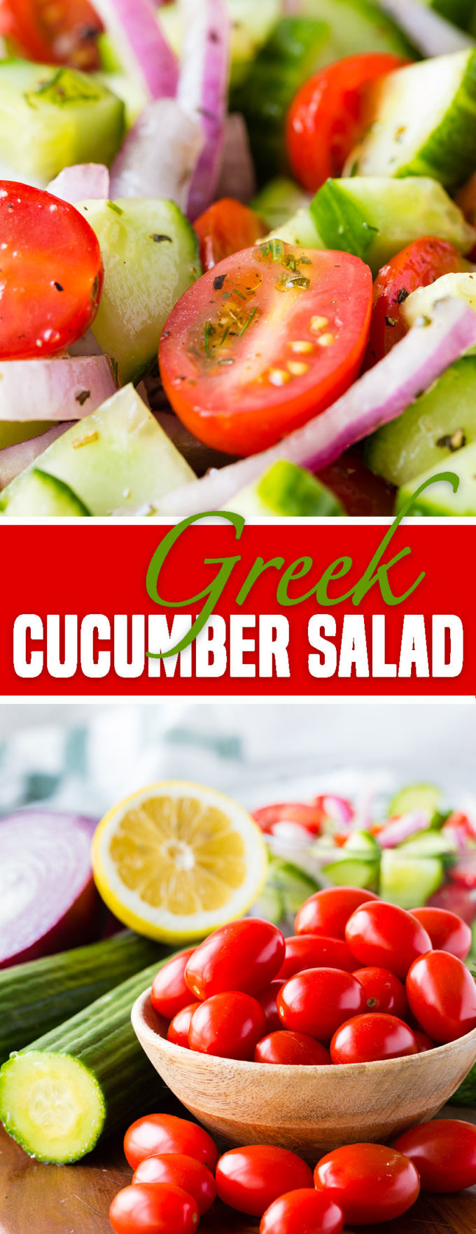 Greek Cucumber Salad - tomato, cucumber, and red onions in a greek dressing