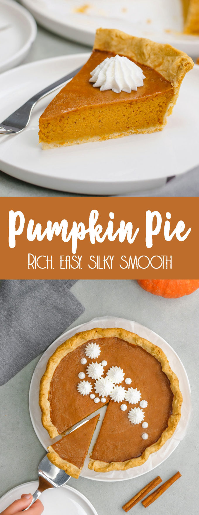 Easy to make, richly seasoned, and silky smooth pumpkin pie. 