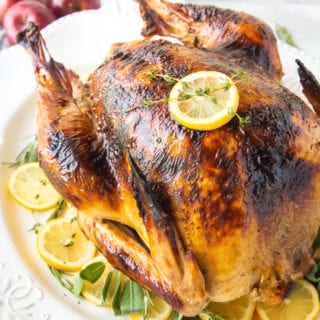 Roast Turkey - How to cook a turkey, a lovely roast turkey on a white platter with fresh herbs and sliced lemons