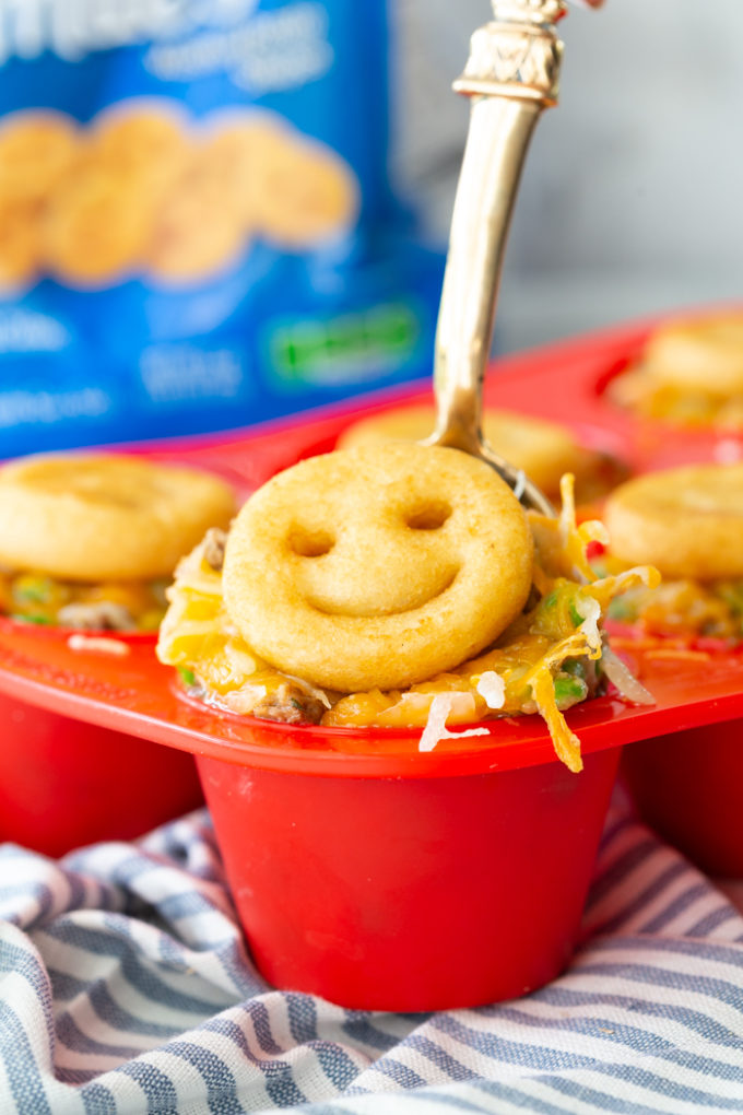 Mini Shepherd's Pie cups topped with McCain Smiles mashed potatoes instead of traditional