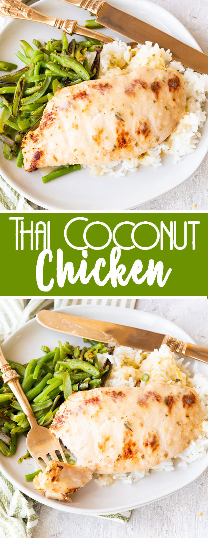 Thai coconut chicken served over rice with green beans. 