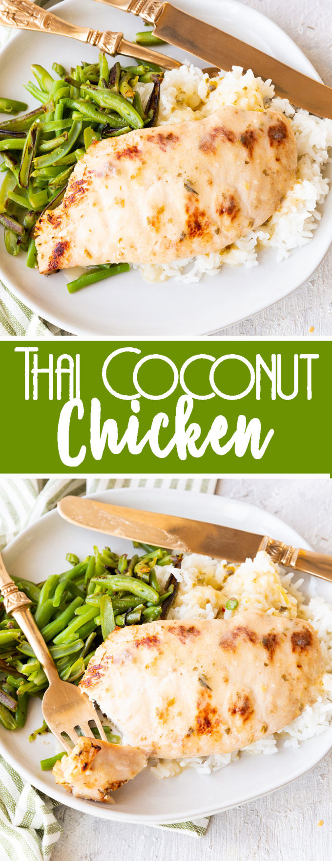 Thai coconut chicken served over rice with green beans. 