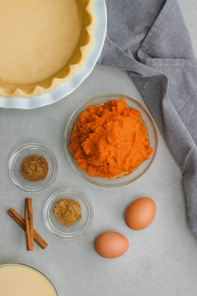 Pumpkin pie filling crust, and ingredients for a pumpkin pie