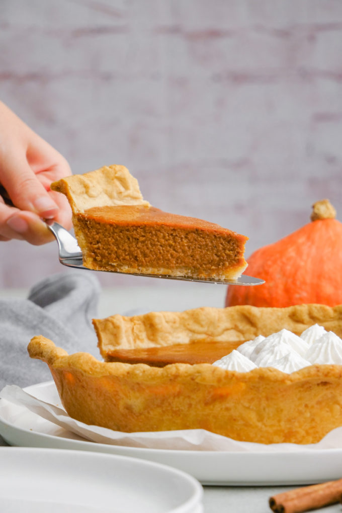 A lovely slice of homemade pumpkin pie, from a classic pumpkin pie recipe