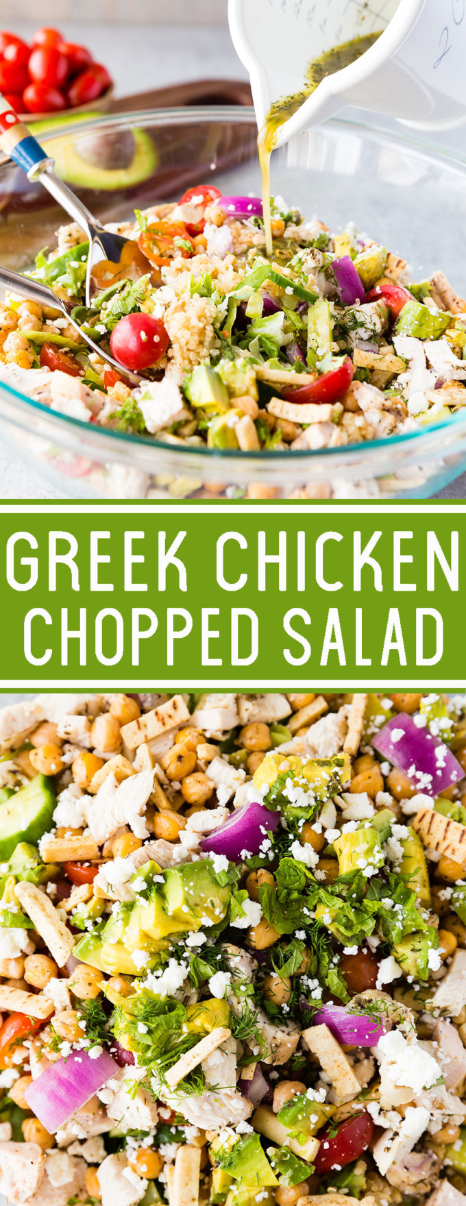 A delicious, easy Greek chicken chopped salad, which is packed full of flavor, and is absolutely fantastic, with crunch, and heft. 