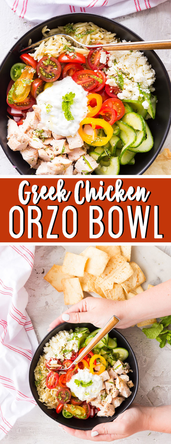 Easy to make Greek Chicken orzo bowl. 